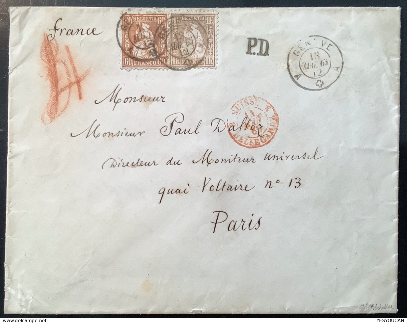 GENEVE 1865 Seltener Brief>PARIS France ZNr 35+ GUTE 36a 1862 Sitzende Helvetia, Attest Marchand (Schweiz Suisse Lettre - Lettres & Documents