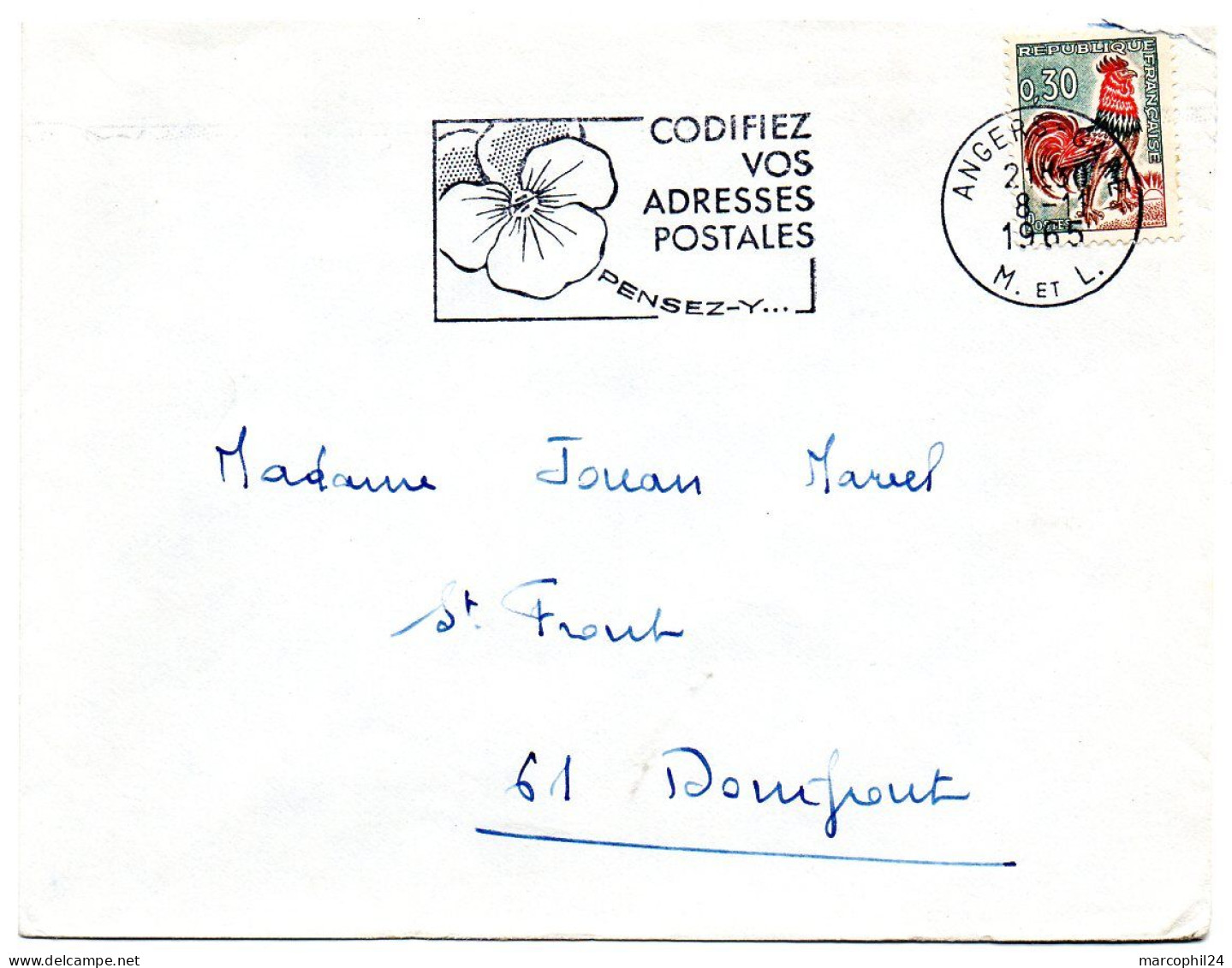 MAINE Et LOIRE - Dépt N° 49 = ANGERS GARE 1965 = FLAMME Non Codée = SECAP Multiple ' PENSEZ + CODIFIEZ' = Pensée N° 1 - Codice Postale