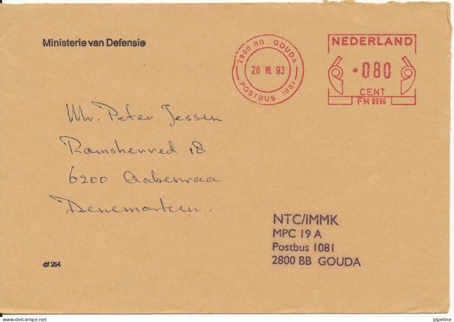 Netherlands Cover Ministerie Van Defensie Sent To Denmark 26-7-1993 - Macchine Per Obliterare (EMA)