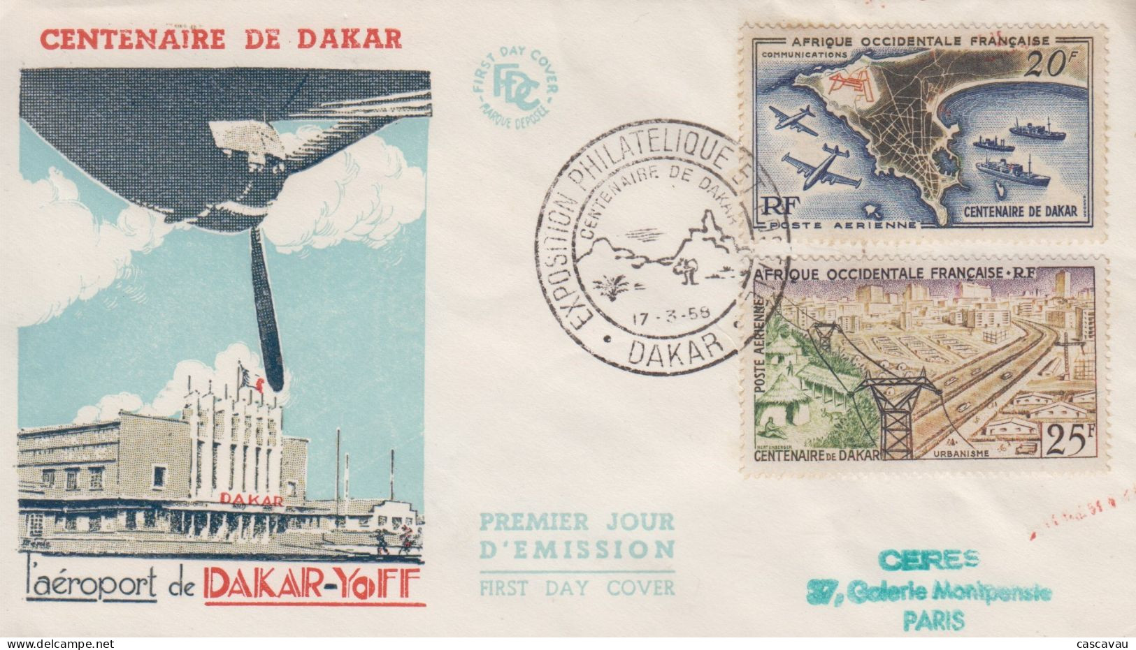 Enveloppe  FDC  1er  Jour   AFRIQUE  OCCIDENTALE  FRANCAISE    Centenaire  De   DAKAR   1959 - Autres & Non Classés