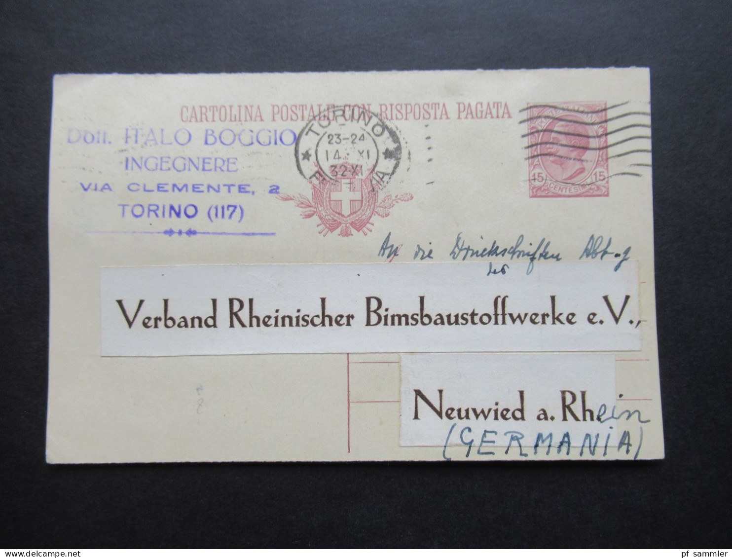 Italien Um 1920 Ganzsache / Frageteil / Cartolina Postale Risposta Pagata Torino - Neuwied Verband Rheinischer Bimsbaust - Ganzsachen