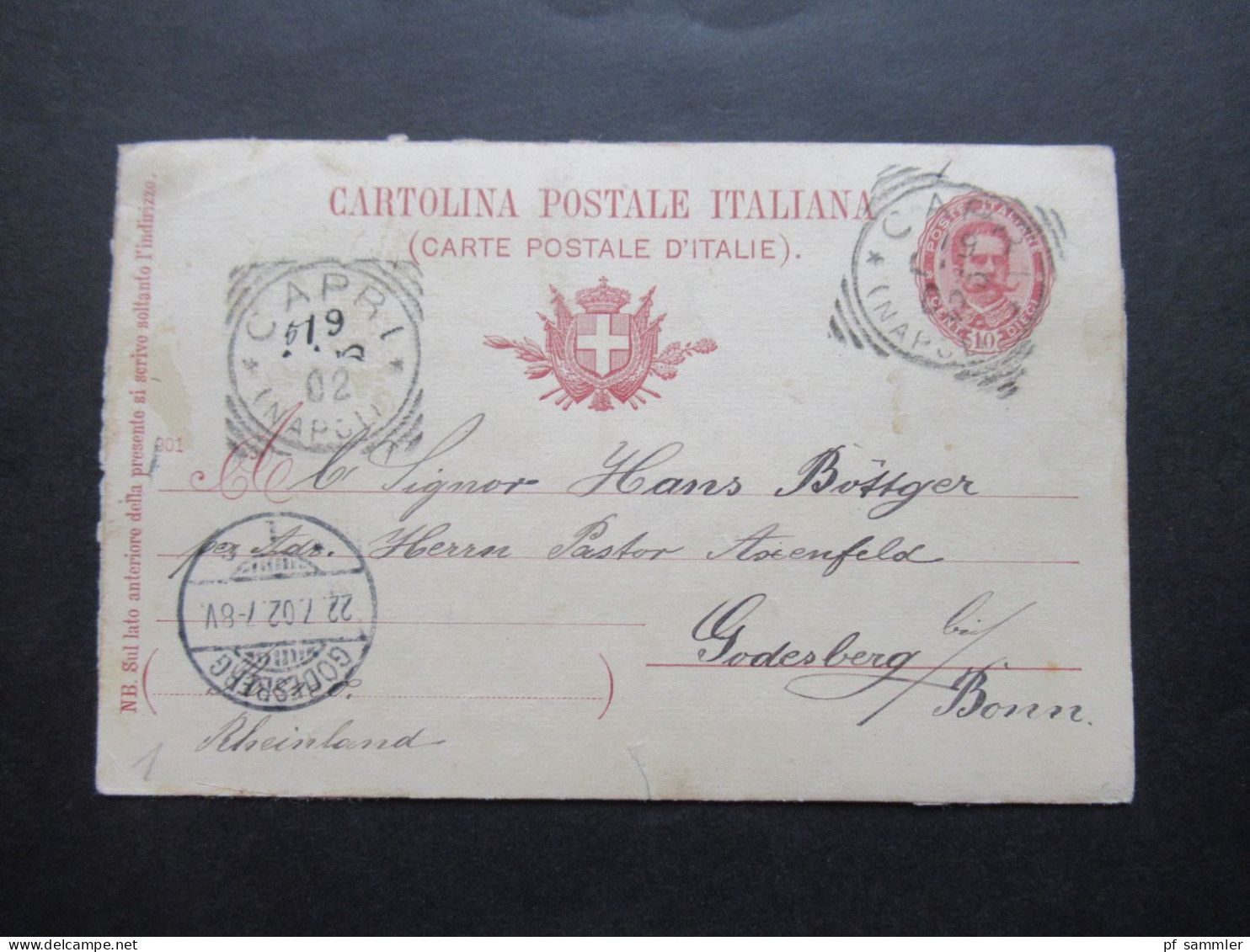 Italien 1902 Ganzsache Stempel Capri Napoli Nach Godesberg Mit Ank. Stempel - Ganzsachen