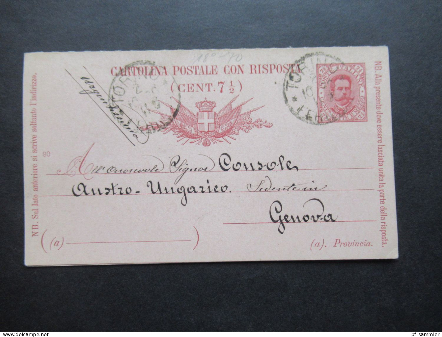Italien 1890 Ganzsache / Doppelkarte P 19 Stempel Torino - Genova - Postwaardestukken