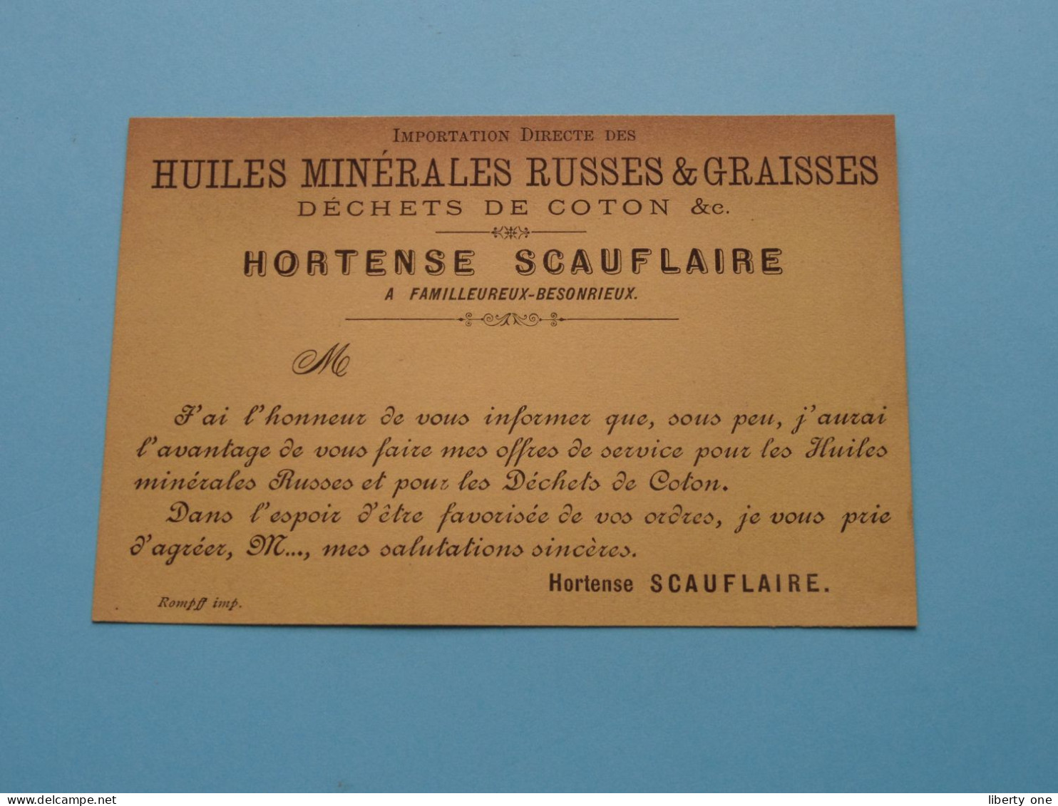 HORTENSE SCAUFLAIRE Huiles Minérales Russes & Graisses / Dechets De Coton ( Zie / Voir Scan ) Format 8,5 X 13 Cm. ! - Visiting Cards