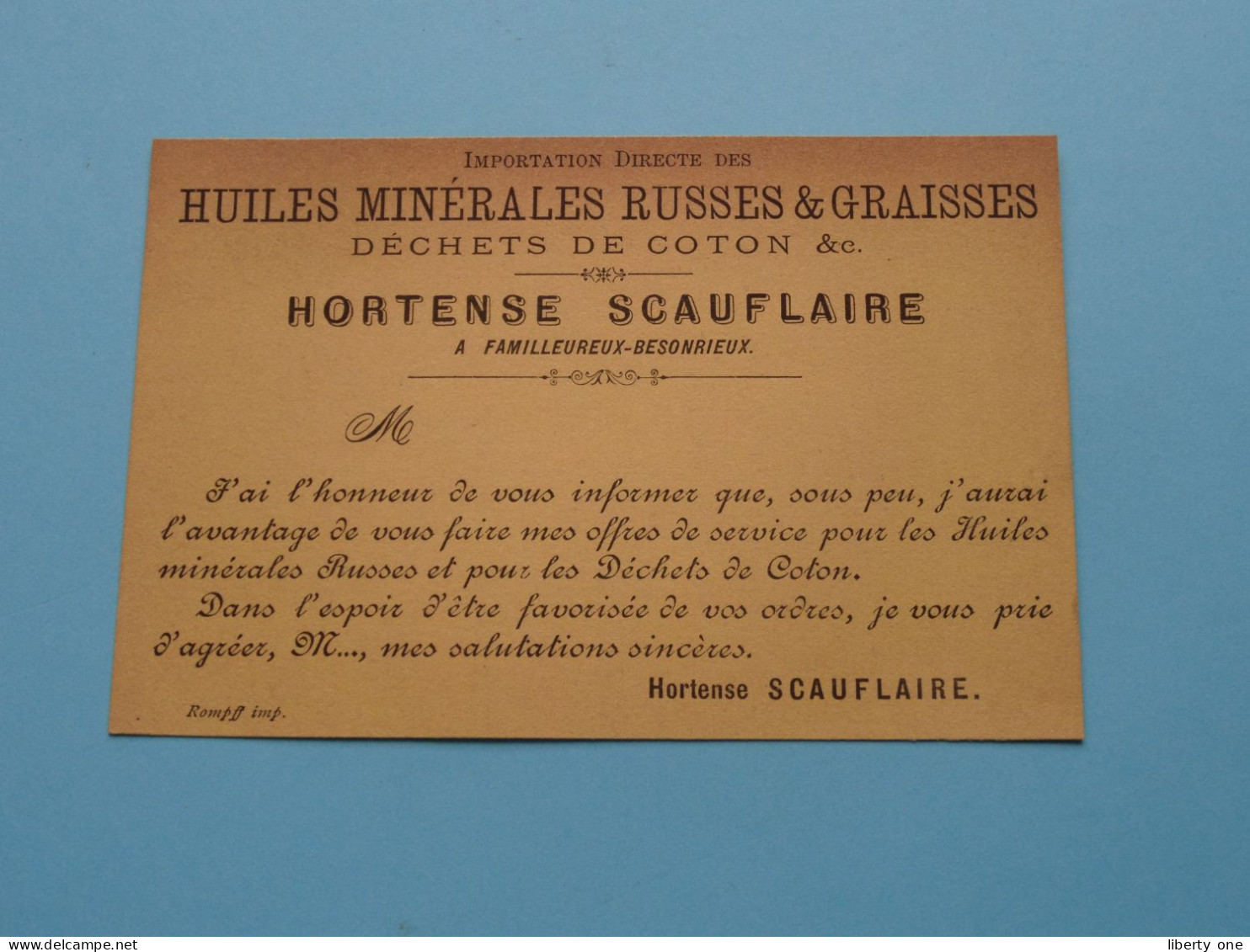 HORTENSE SCAUFLAIRE Huiles Minérales Russes & Graisses / Dechets De Coton ( Zie / Voir Scan ) Format 8,5 X 13 Cm. ! - Cartes De Visite