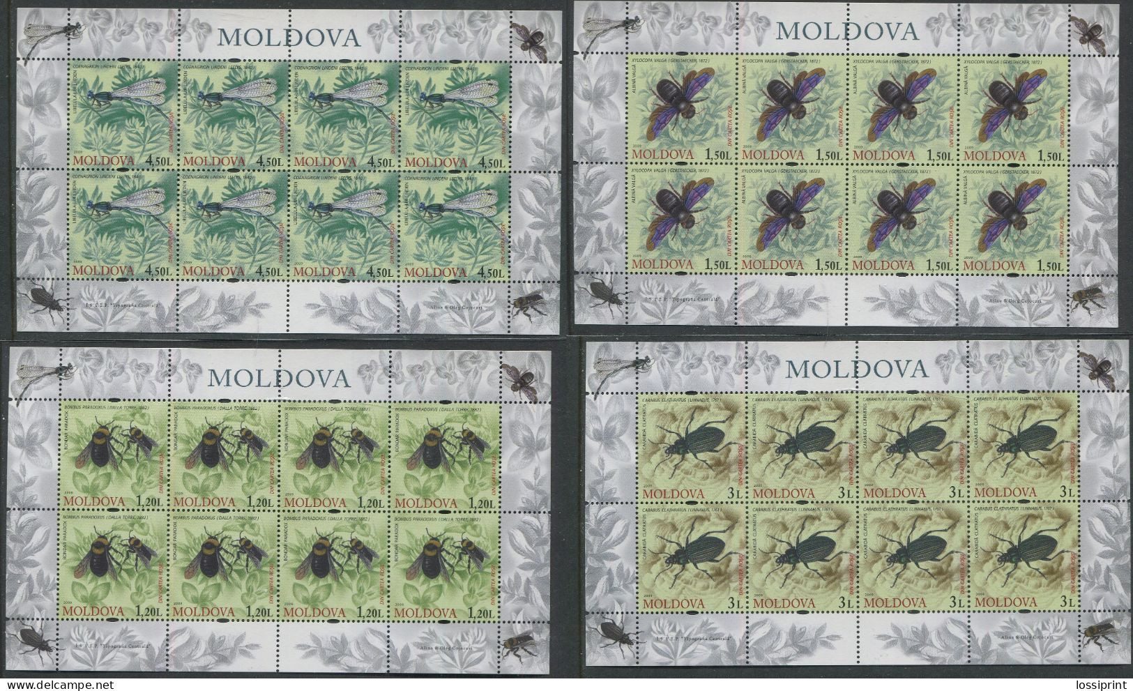 Moldova:Unused Sheets Serie Dragonfly, Bee, Beetle, 2009, MNH - Abeilles
