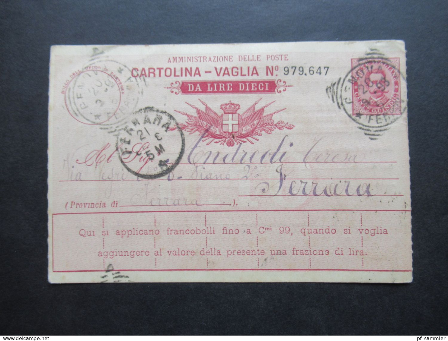 Italien 1893 Ganzsache / Postanweisung Mit Insgesamt 7 Stempeln / L1 Genova Und Andere Stempel - Postwaardestukken