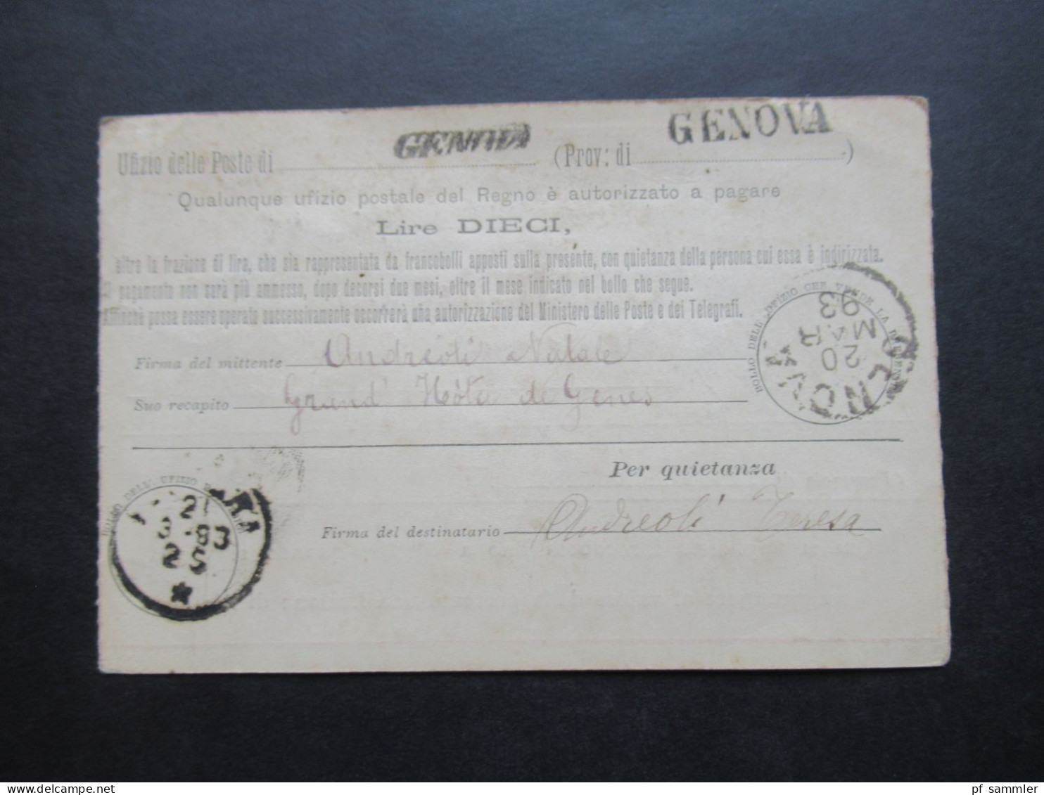 Italien 1893 Ganzsache / Postanweisung Mit Insgesamt 7 Stempeln / L1 Genova Und Andere Stempel - Postwaardestukken