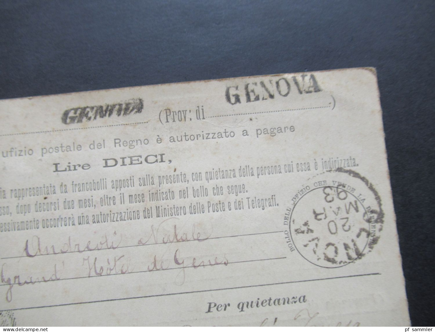Italien 1893 Ganzsache / Postanweisung Mit Insgesamt 7 Stempeln / L1 Genova Und Andere Stempel - Stamped Stationery
