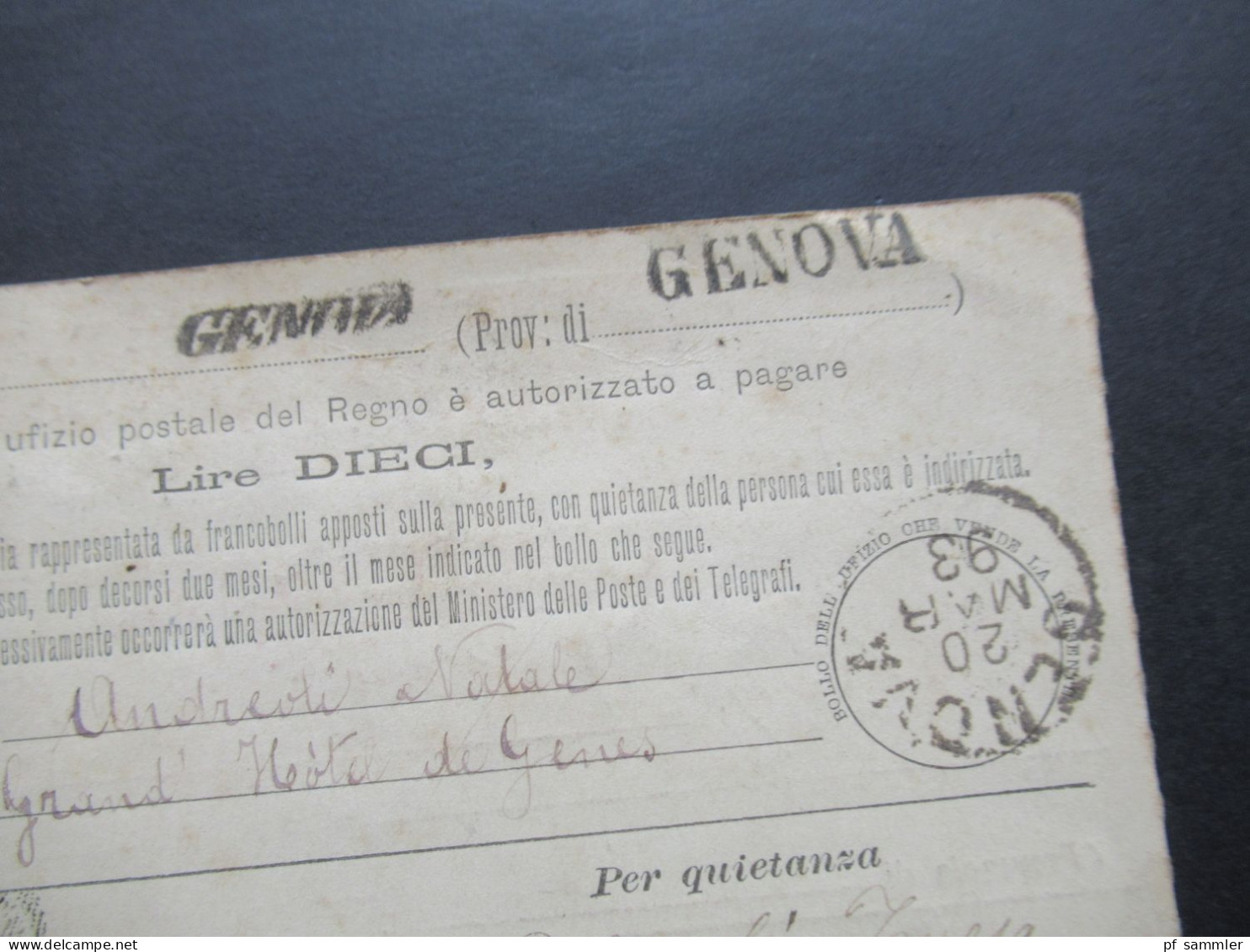 Italien 1893 Ganzsache / Postanweisung Mit Insgesamt 7 Stempeln / L1 Genova Und Andere Stempel - Entiers Postaux