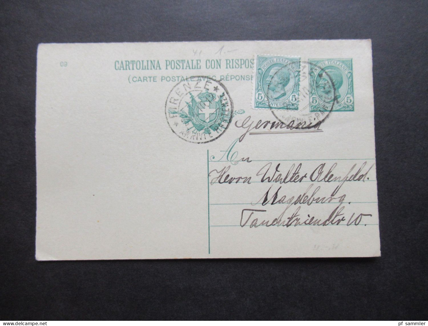 Italien 1919 Ganzsache / Doppelkarte P38 ?! Mit Zusatzfrankatur Stempel Firenze Nach Magdeburg - Interi Postali