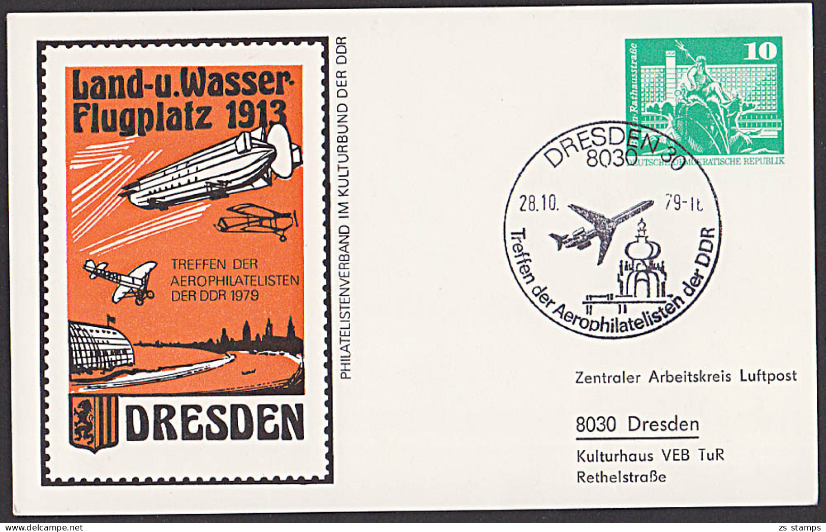 Germany DDR Dresden Land- U. Wasserflugplatz 1913 Ganzsachenkarte 1979 Zeppelin Übigau Zeppelin Taube, Elbe - Postcards - Used