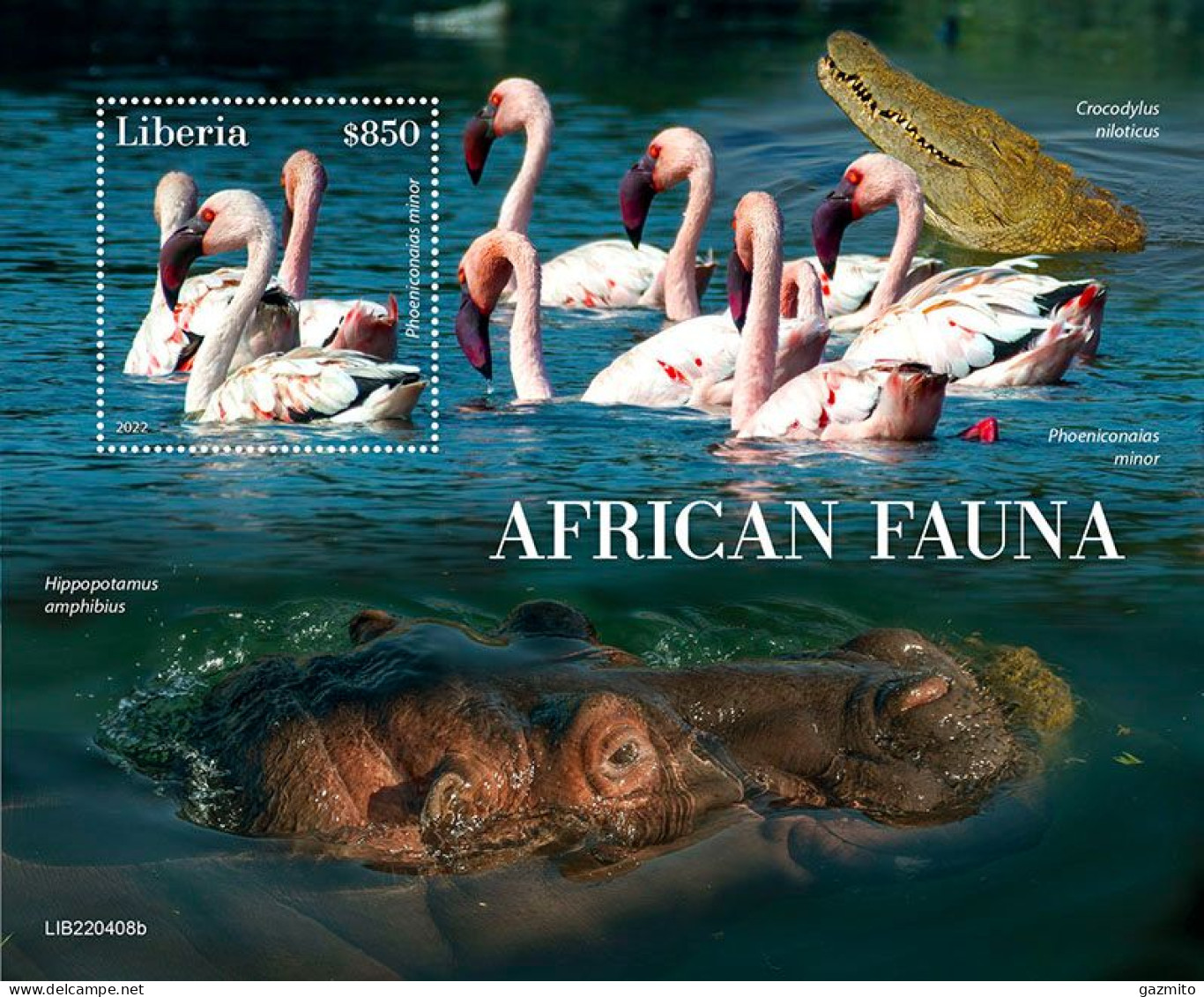 Liberia 2022, Animals, Flamingoes, Hippoes, BF - Flamingos