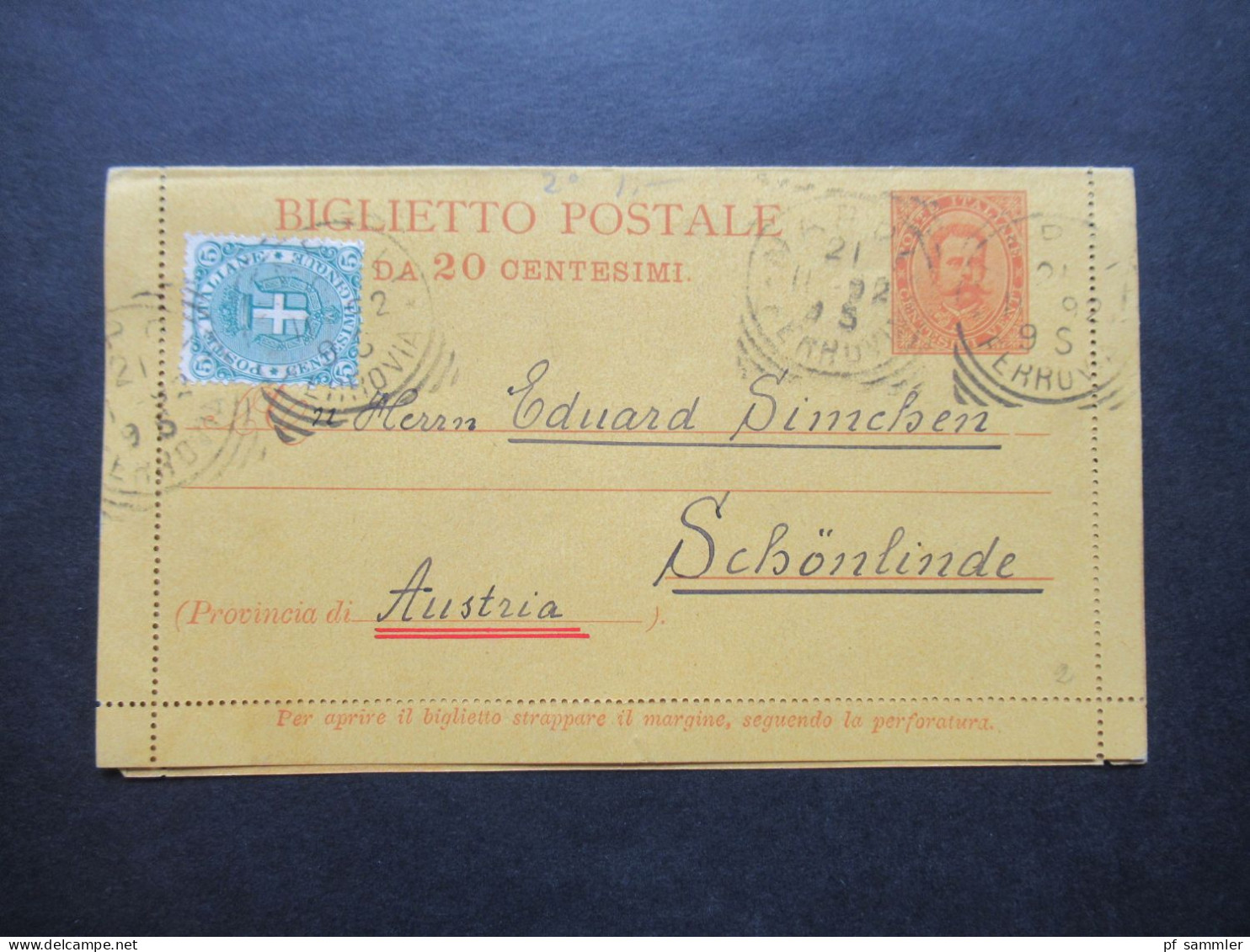 Italien 1892 Ganzsache Kartenbrief K1 Mit Zusatzfrankatur Auslandsverwendung Nach Österreich Schönline Mit Ank. Stempel - Entero Postal