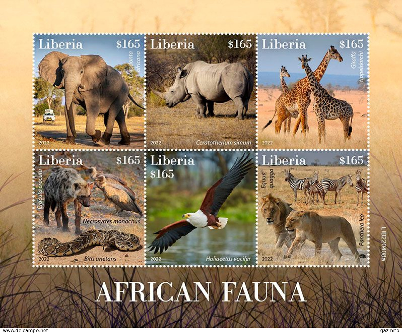 Liberia 2022, Animals, Elephant, Rhino, Giraffes, Snake, Lions, Birds, 6val In BF - Jirafas