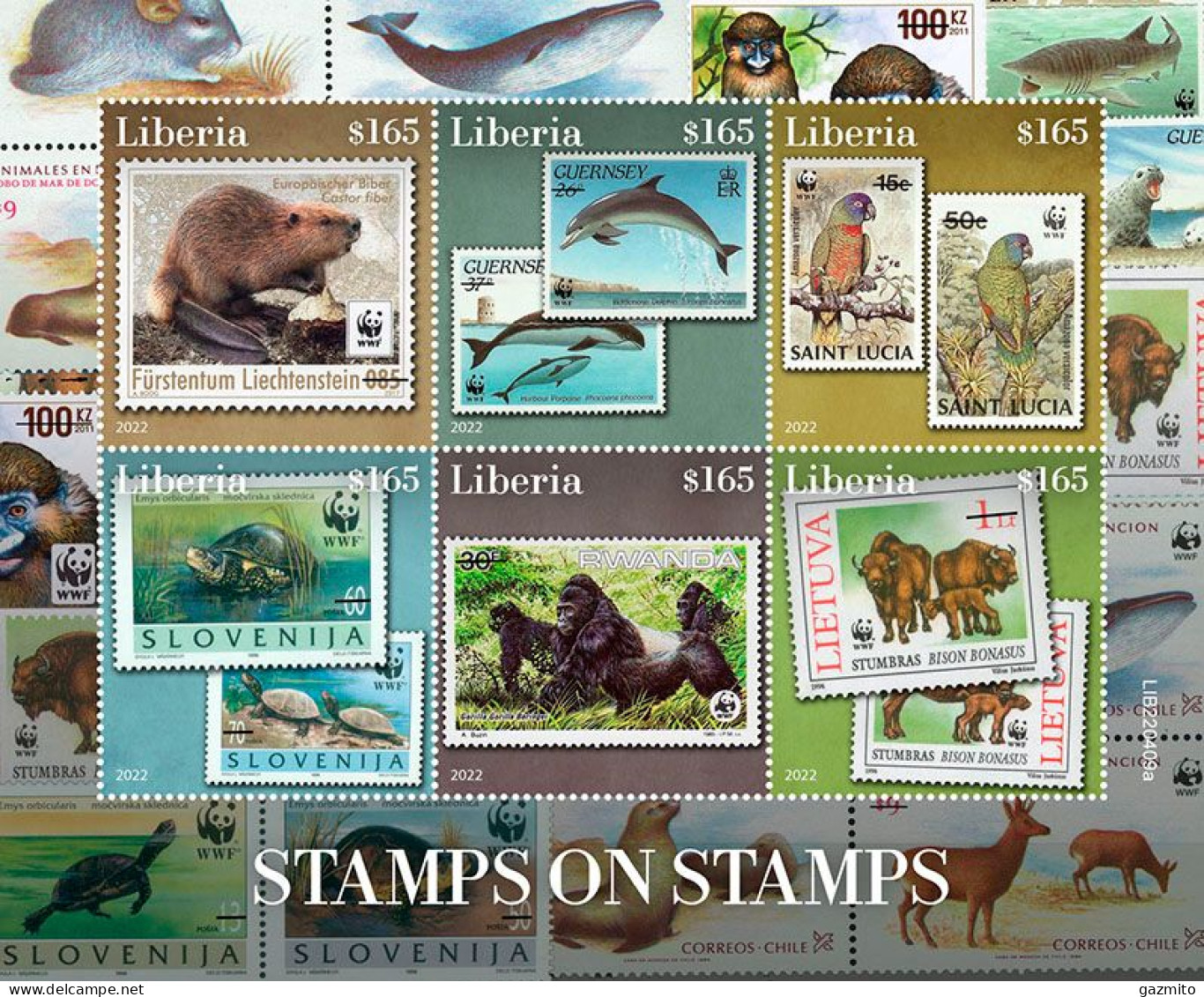 Liberia 2022, Stamps On Stamps, WWF, Dolphins, Turtle, Gorilla, Otter, Lighthouse, 6val In BF - Gorilles