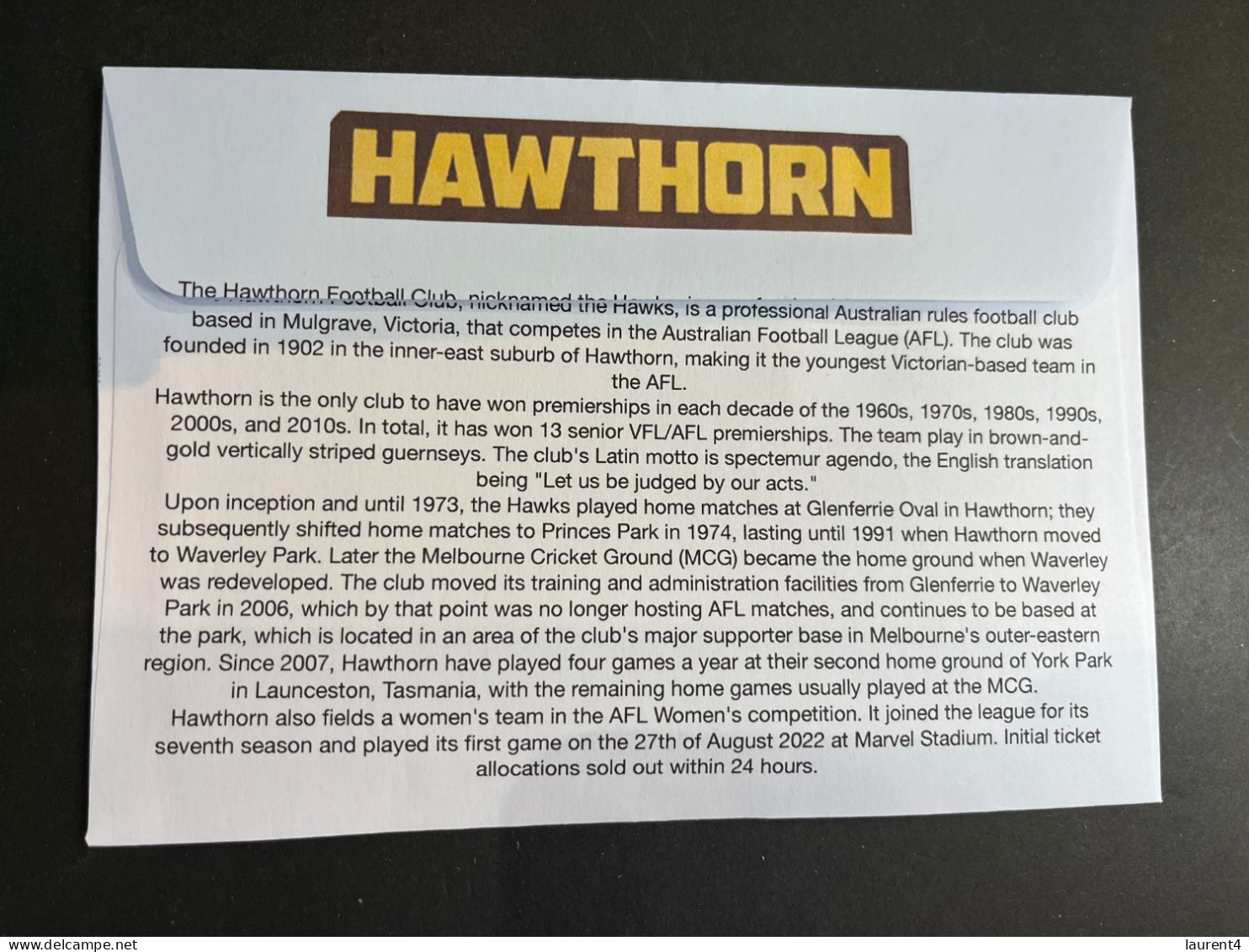 (3 Q 18 A) Australia AFL Team (2023) Commemorative Cover (for Sale From 27 March 2023) Hawthorn Hawks - Covers & Documents