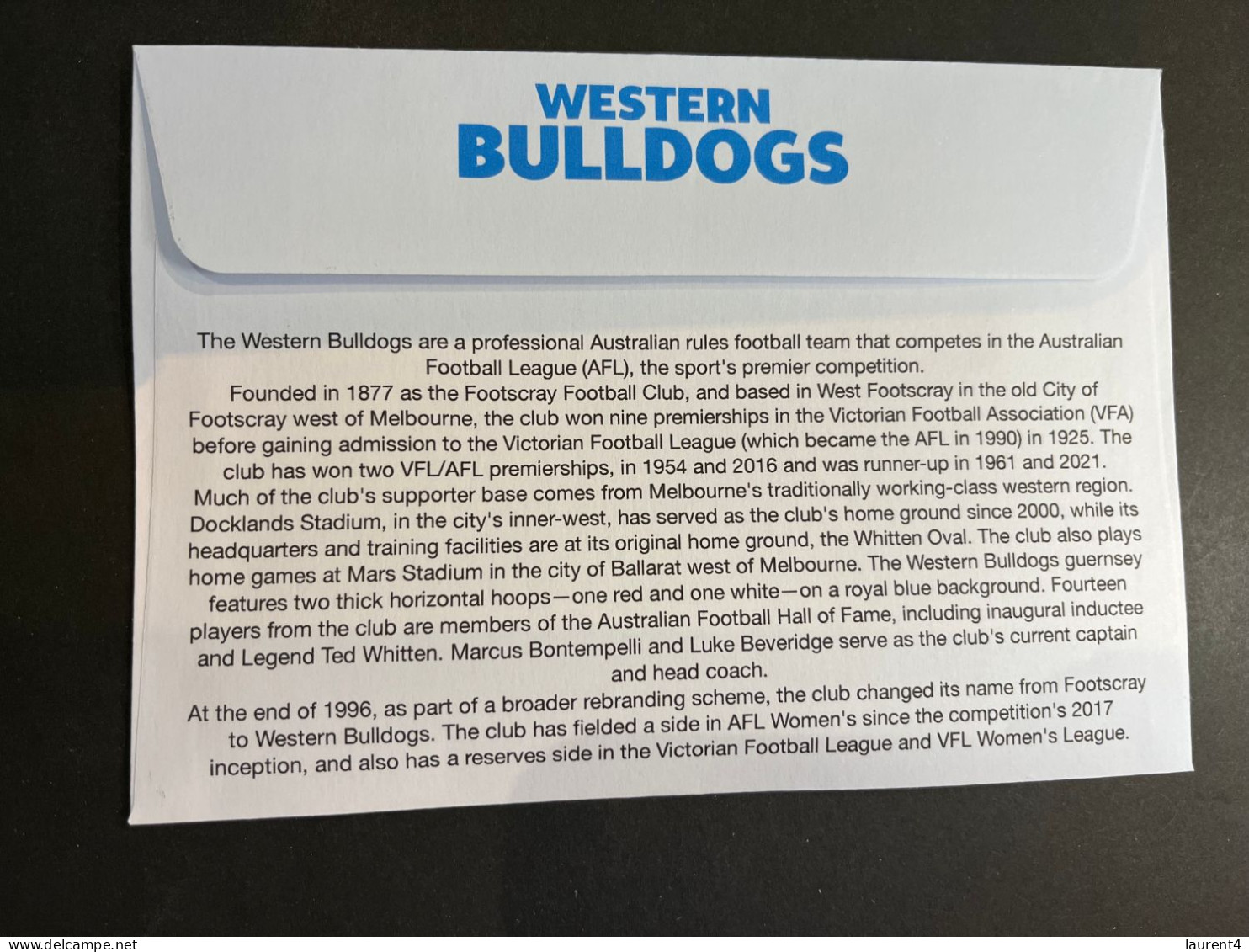 (3 Q 18 A) Australia AFL Team (2023) Commemorative Cover (for Sale From 27 March 2023) Western Bulldog (Melbourne) - Covers & Documents