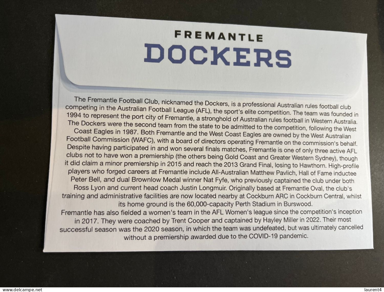 (3 Q 18 A) Australia AFL Team (2023) Commemorative Cover (for Sale From 27 March 2023) Fremantle Dockers - Covers & Documents