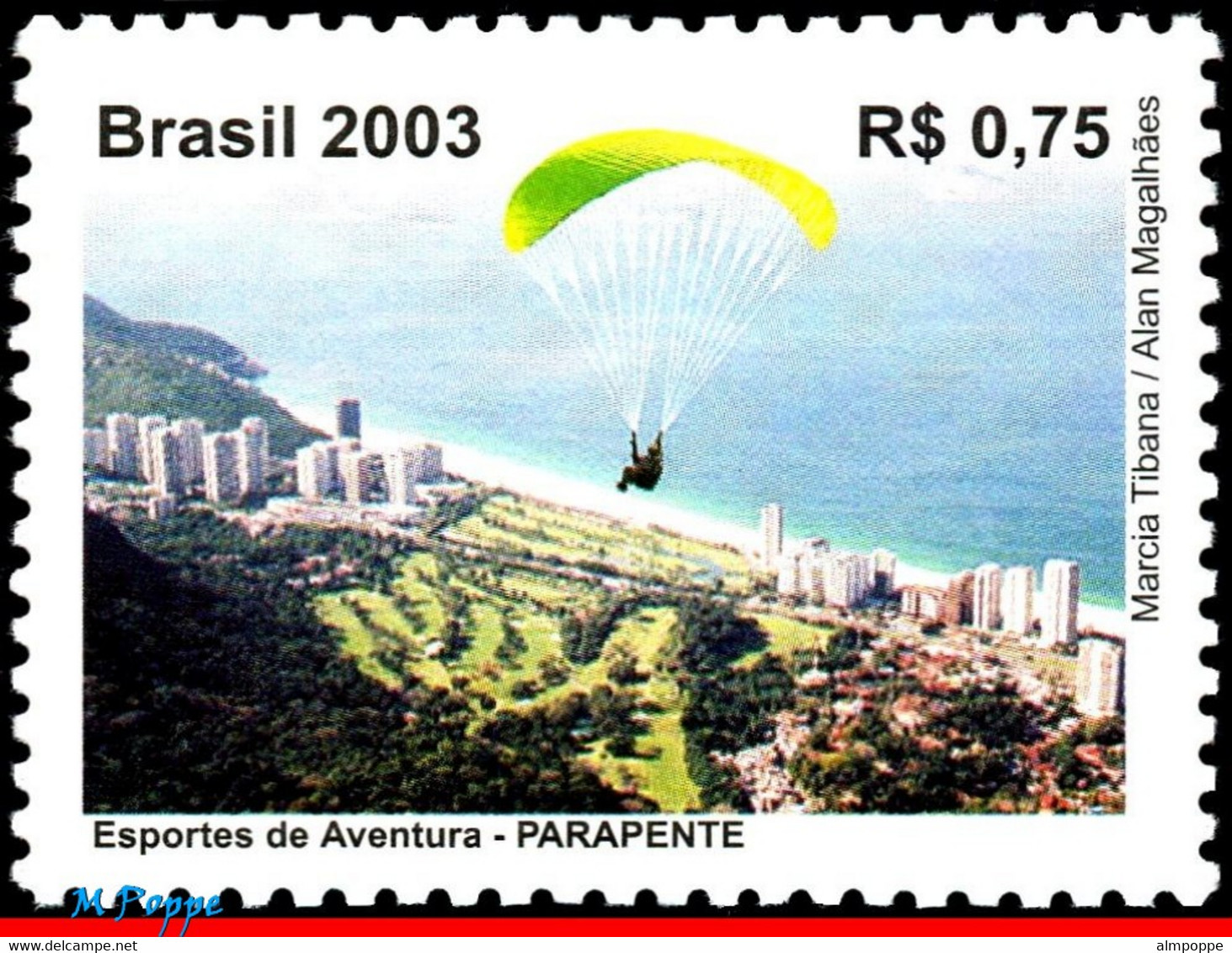 Ref. BR-2907 BRAZIL 2003 SPORTS, PARACHUTTING, PARAGLIDING, , MI# 3339, MNH 1V Sc# 2907 - Parachutting