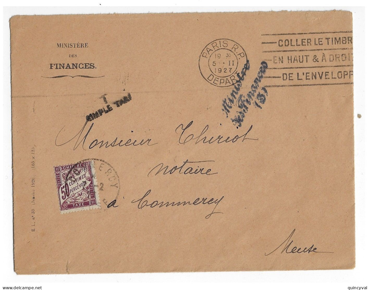 BAR Le DUC Meuse Lettre Préfet Ob Meca Centre Excursion Dreyfus BAR103 Griffe A TAXER Article 316 Taxe 50 C T37 Commercy - 1859-1959 Storia Postale