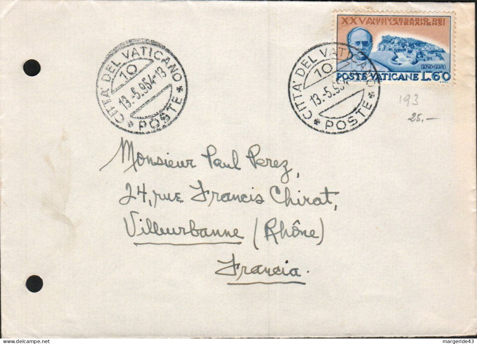 VATICAN SEUL SUR LETTRE POUR LA FRANCE 1954 - Briefe U. Dokumente