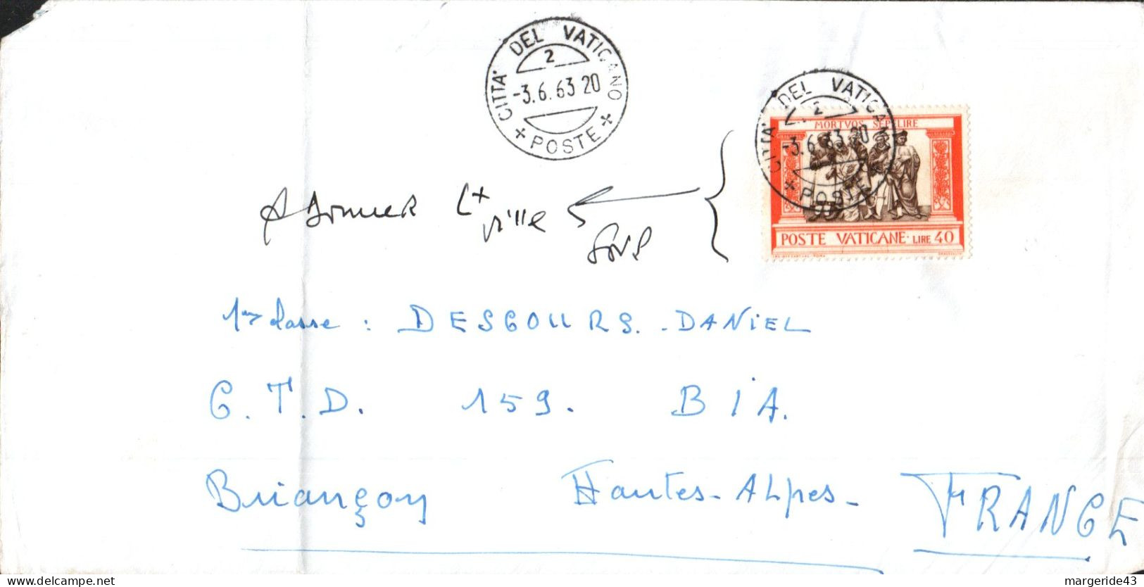 VATICAN SEUL SUR LETTRE POUR LA FRANCE 1963 - Cartas & Documentos