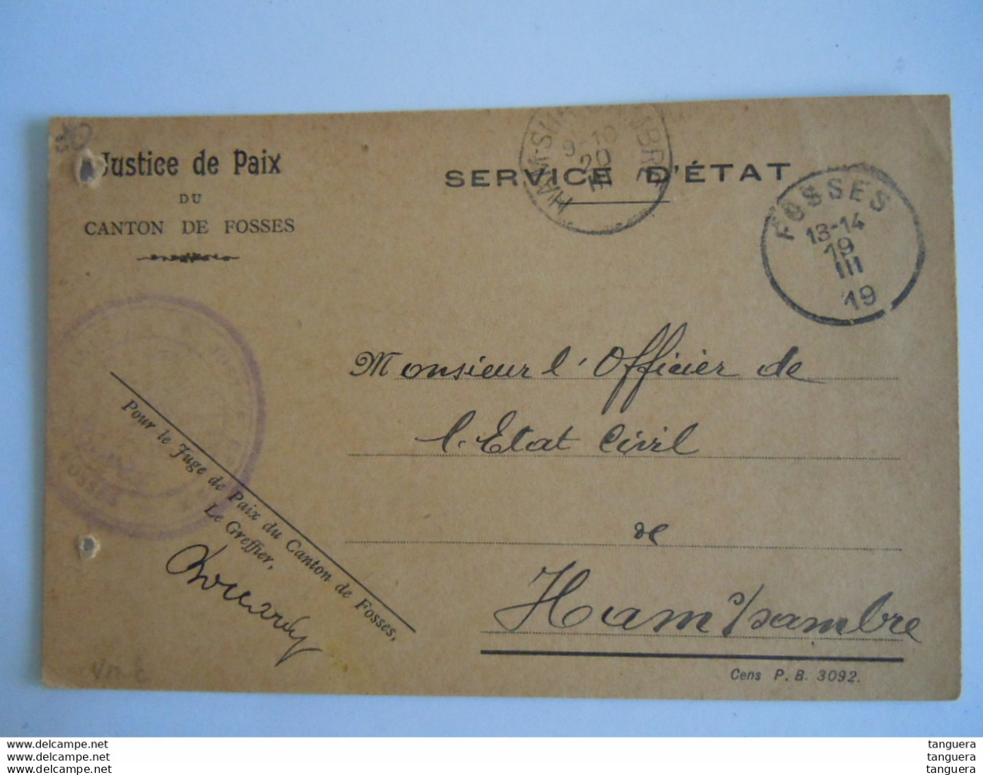 Belgique Service D'état 1919 Justice De Paix Du Canton De Fosses - Ham S/Sambre - Briefe U. Dokumente