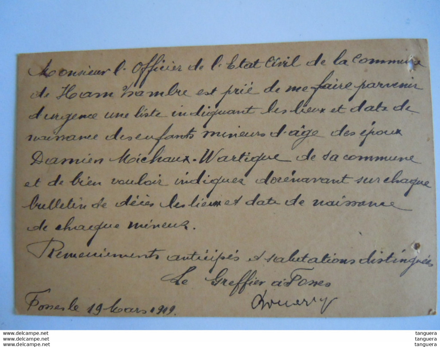 Belgique Service D'état 1919 Justice De Paix Du Canton De Fosses - Ham S/Sambre - Cartas & Documentos