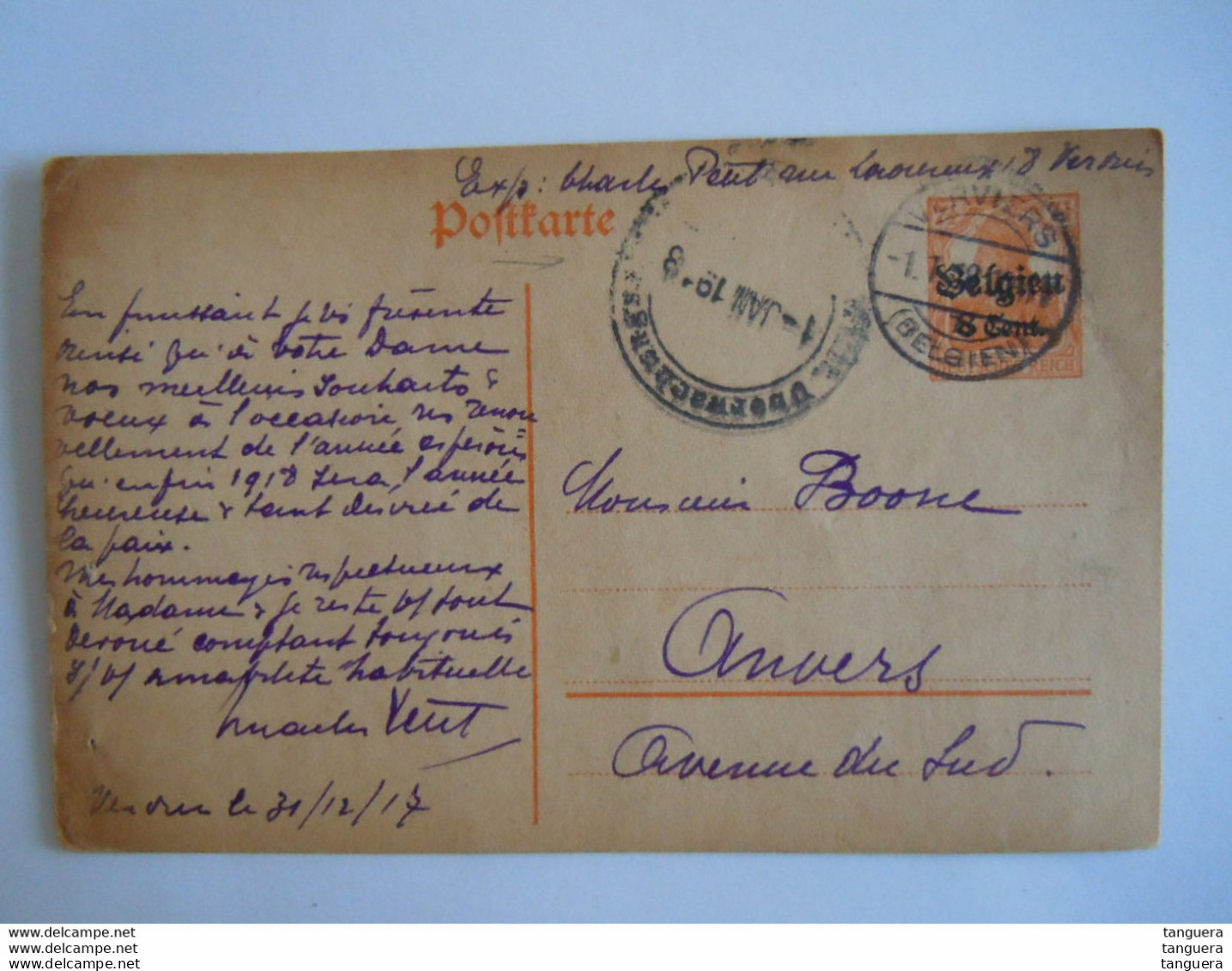 Belgique Entier Postwaardestuk Generaal Gouvernement Postkarte Nr.10 Belgien 8 Cent Op 7,5 Pf 1916 Verviers Anvers 1918 - German Occupation