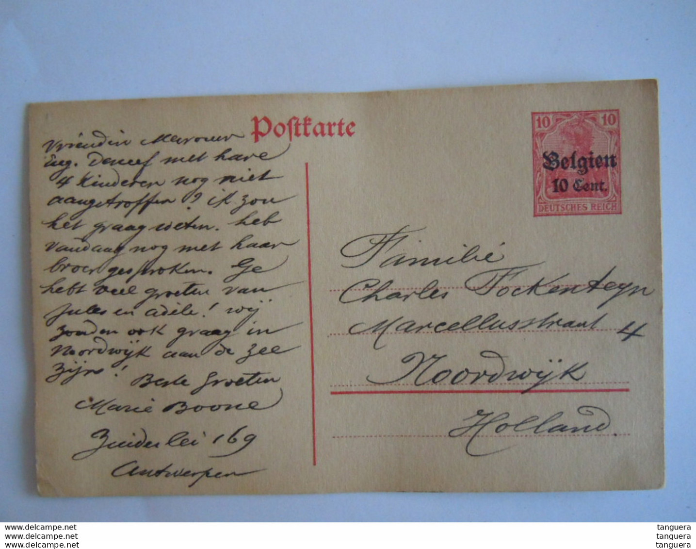 Belgique Entier Postwaardestuk Generaal Gouvernement Postkarte Nr.12a Belgien 10 Cent Op 10 Pf 1917 Nordwijk - Deutsche Besatzung