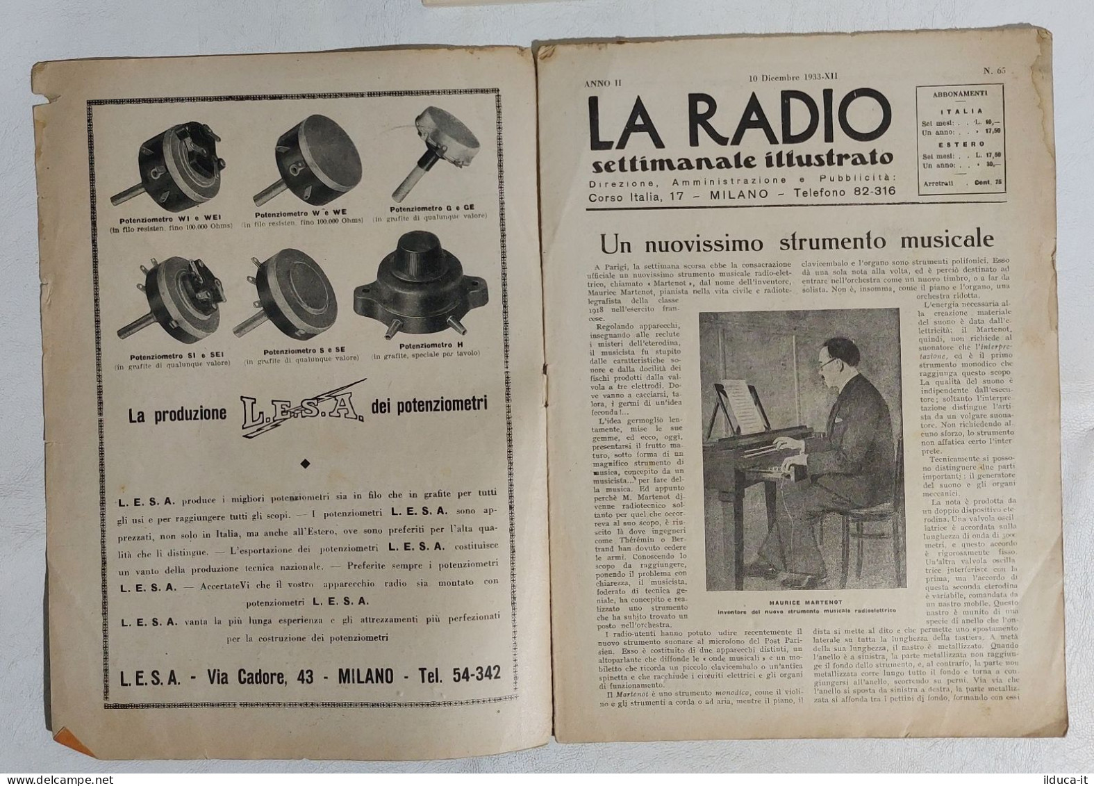 I114127 LA RADIO Settimanale Illustrato 1933 N. 65 - Martenot / Bitriodo Oscill. - Textes Scientifiques
