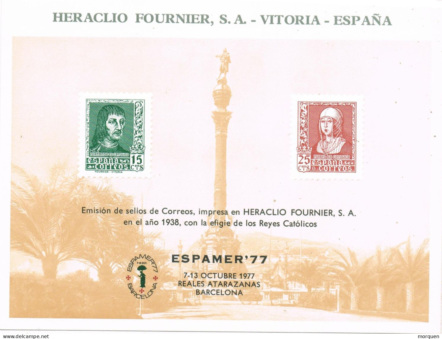 50011. Tarjeta Souvenir ESPAMER 1977, Fournier Reyes Catolicos Y Colon, BARCELONA ** - Errors & Oddities