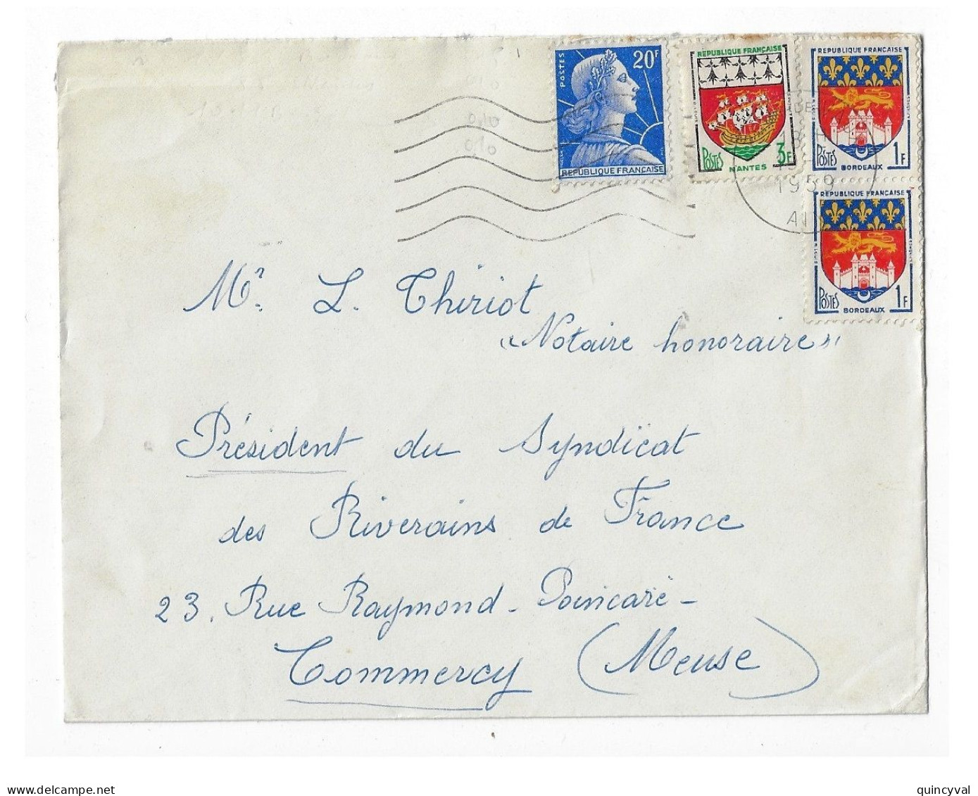 PONT DE VAUX Ain Lettre 20F Muller Blasons 3F Nantes 1f Bordeaux Ob 1959 Yv 1185 1183 1011B - Storia Postale