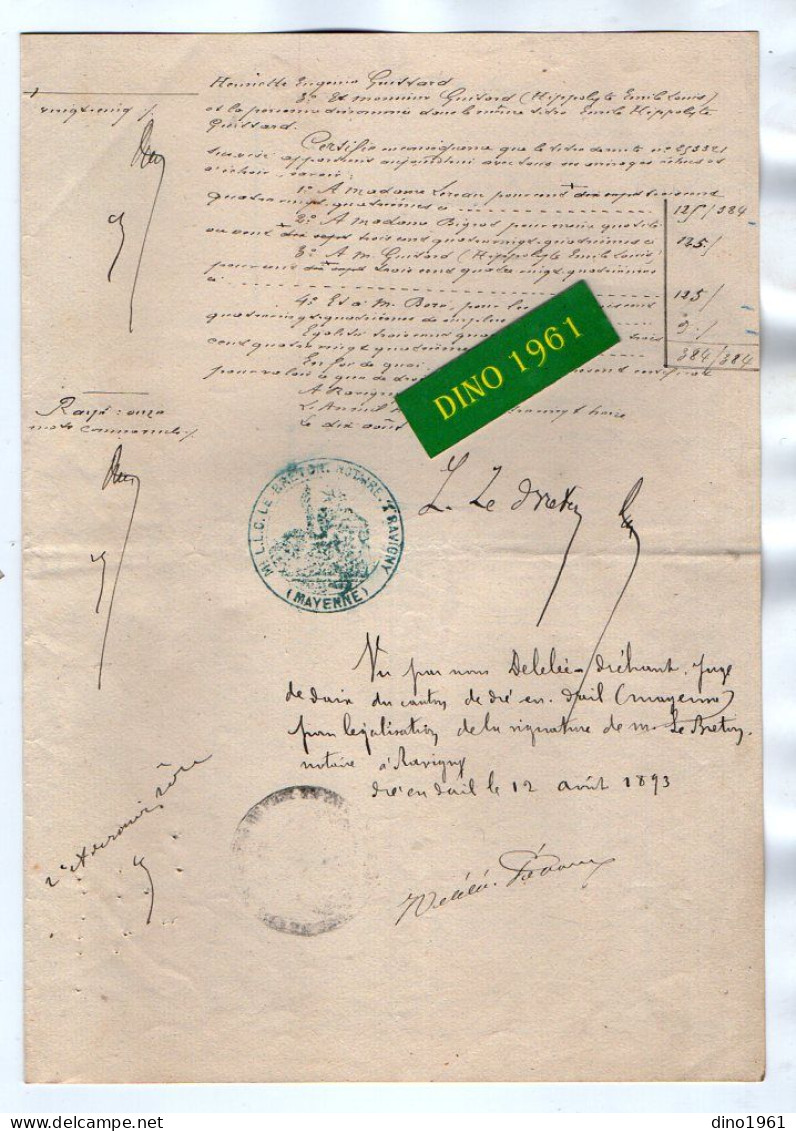 VP21.976 - RAVIGNY - 2 Actes 1890 / 93 - Certificat De Propriété GUITTARD à GANDELAIN & SAINT - DENIS - SUR - SARTHON - Manuscrits