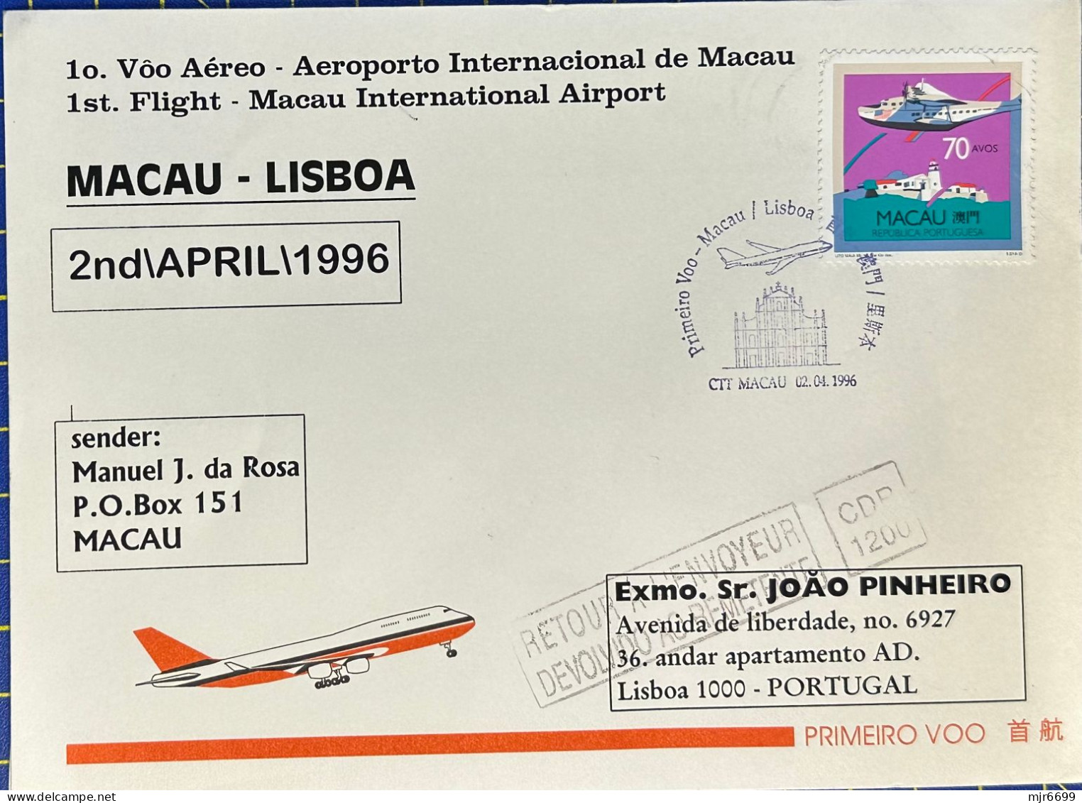 1996 MACAU INTERNATIONAL AIRPORT FIRST FLIGHT COVER TO LISBON, PORTUGAL - Lettres & Documents