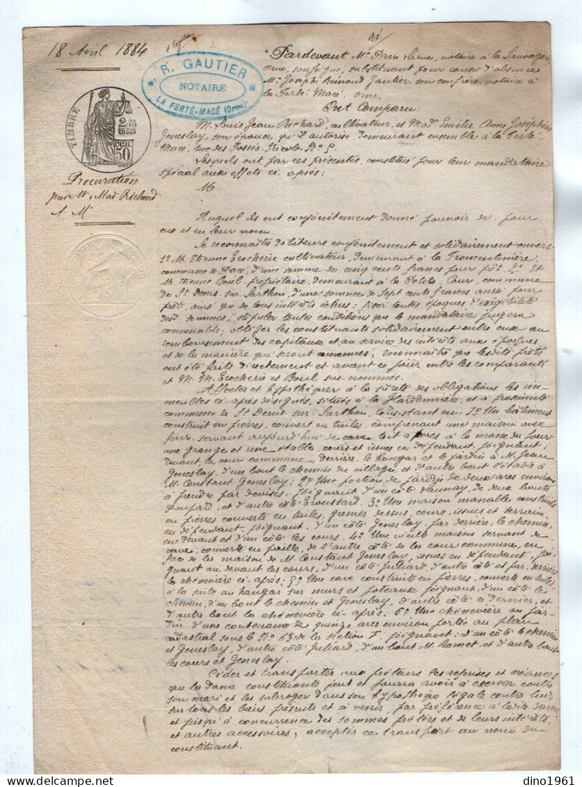 VP21.978 - Acte 1884 - Procuration Par Mr & Mme RICHARD à LA FERTE - MACE à Mr ....... - Manuscrits