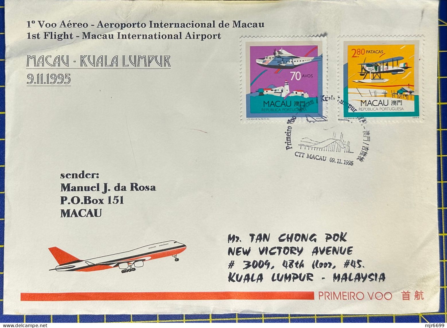 1995 MACAU INTERNATIONAL AIRPORT FIRST FLIGHT COVER TO KUALA LUMPUR, MALAYSIA - Storia Postale