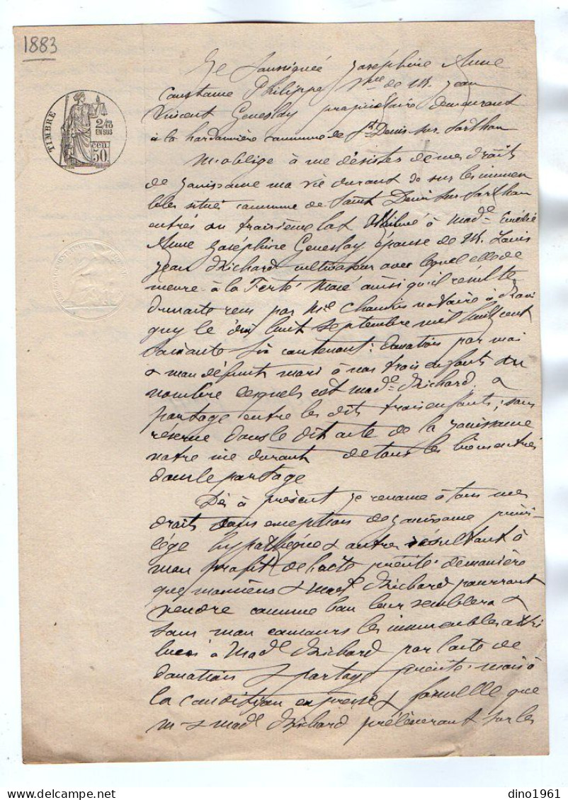 VP21.979 - RAVIGNY - Acte De 1883 - Certificat - Mme PHILIPPE Veuve De Mr GENESLAY à SAINT - DENIS - SUR - SARTHON ..... - Manuscrits