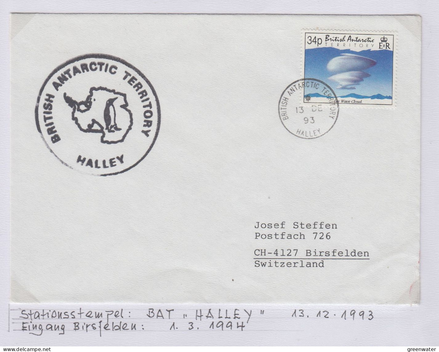 British Antarctic Territory (BAT) Cover Ca Ca Halley 13.12.1993 (TR163B) - Brieven En Documenten