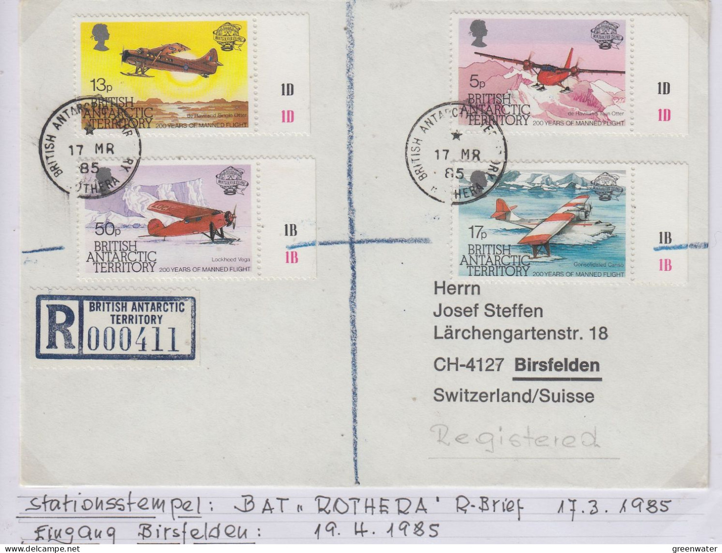 British Antarctic Territory (BAT) Registered Cover Ca Ca Rothera 17 MR 1985 (TR164B) - Covers & Documents