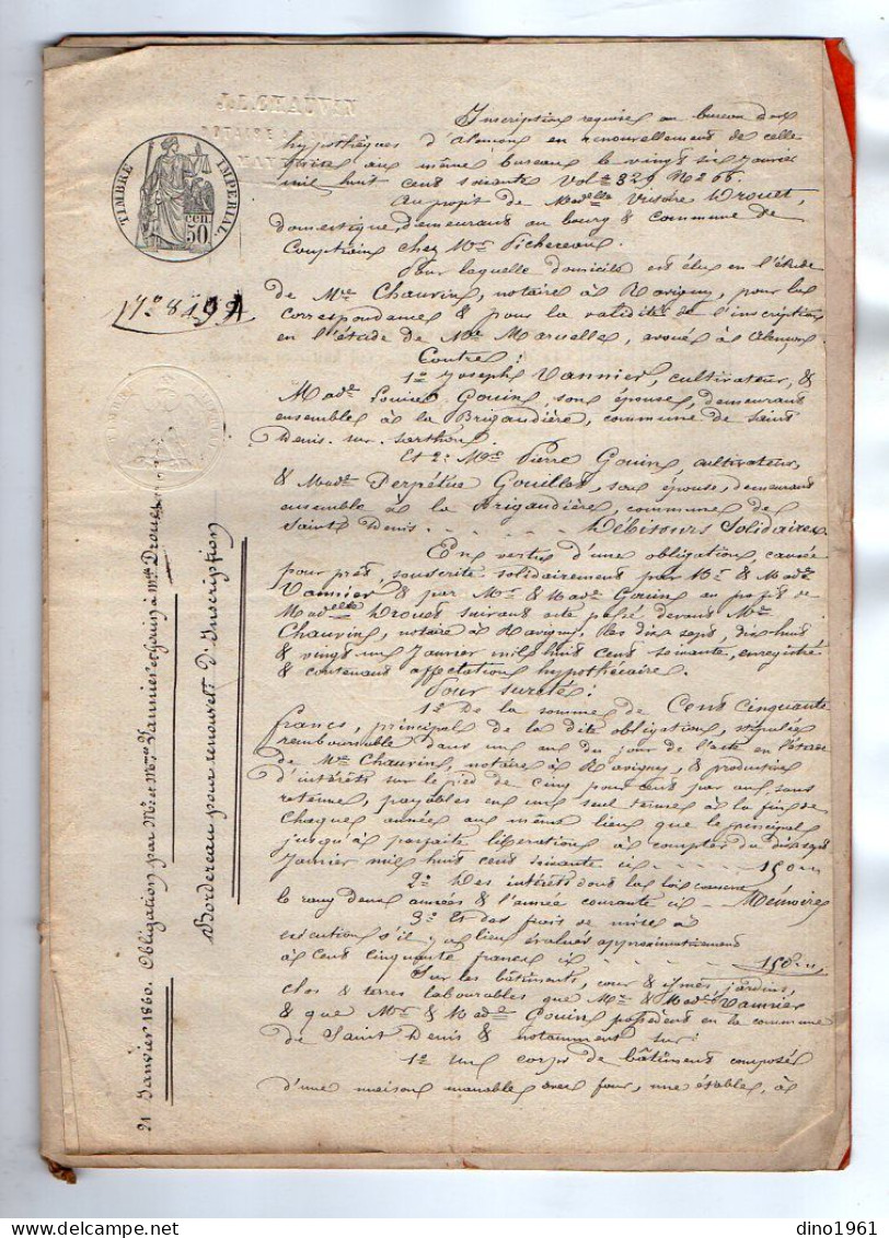 VP21.980 - RAVIGNY - Acte De 1860 - Obligation Par VANNIER & GOUIN à SAINT DENIS SUR SARTHON à Melle DROUET à COUPTRAIN - Manuscrits