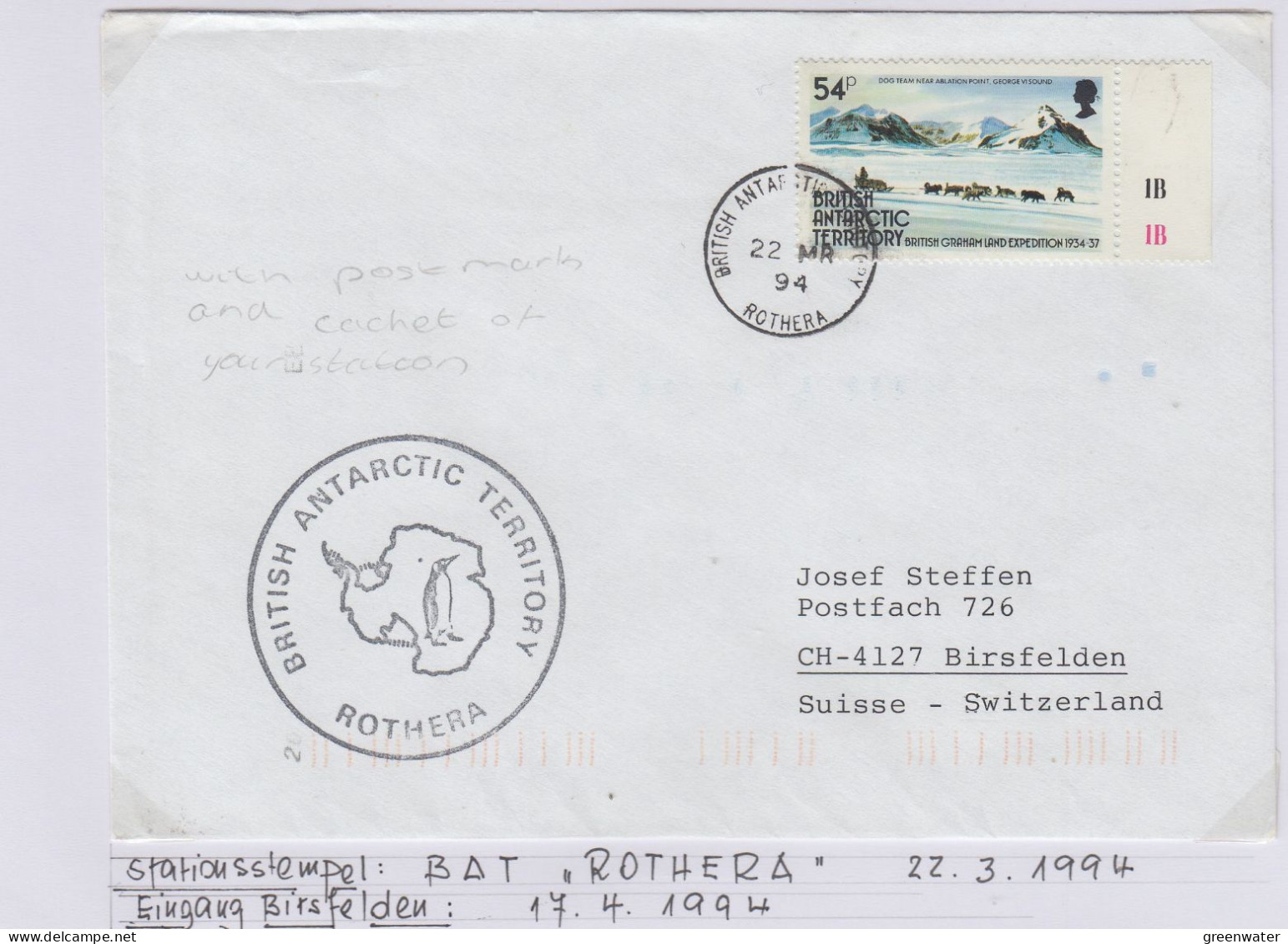 British Antarctic Territory (BAT) Cover Ca Ca Rothera 22 MR 1994 (TR165) - Brieven En Documenten