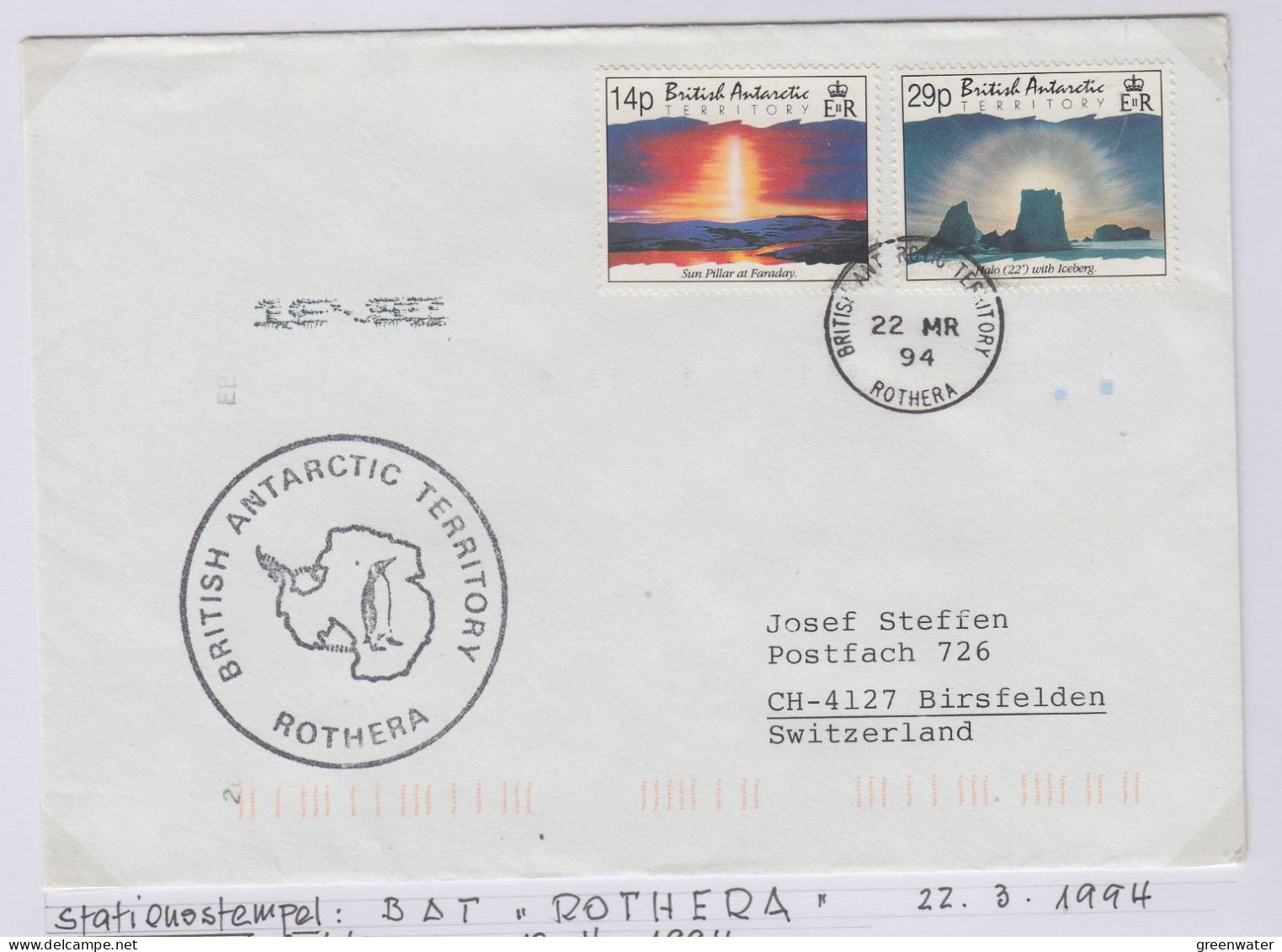 British Antarctic Territory (BAT) Cover Ca Ca Rothera 22 MR 1994 (TR165B) - Lettres & Documents