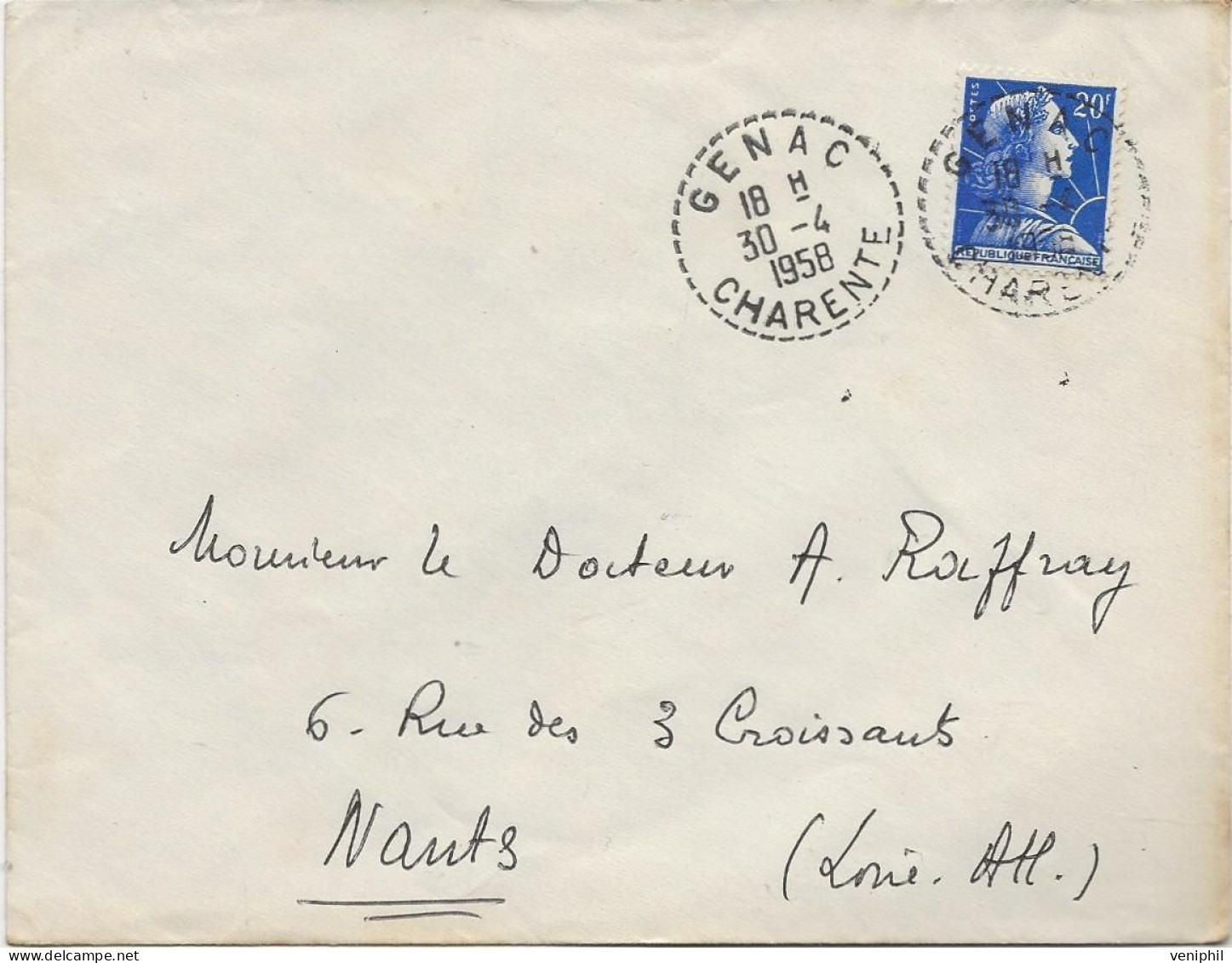 LETTRE AFFRANCHIE  MARIANE DE MULLER  N° 1011 B - OBLITEREE CAD POINTILLE GENAC -CHARENTE -1958 - Mechanical Postmarks (Other)