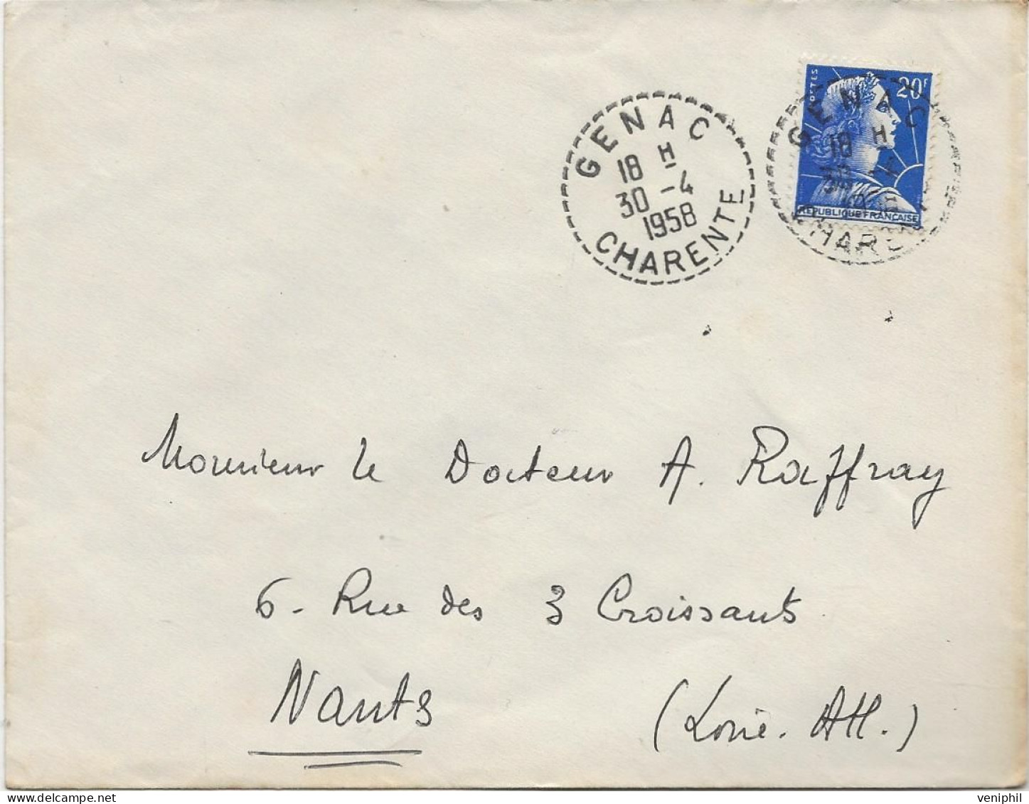 LETTRE AFFRANCHIE  MARIANE DE MULLER  N° 1011 B - OBLITEREE CAD POINTILLE GENAC -CHARENTE -1958 - Maschinenstempel (Sonstige)