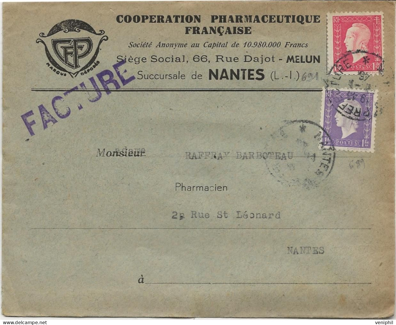 LETTRE PUBLICITAIRE  -COOPERATION PHARMACEUTIQUE FRANCAISE - AFFRANCHIE N° 689- 691  - CAD NANTES PREFECTURE 1946 - Mechanical Postmarks (Other)