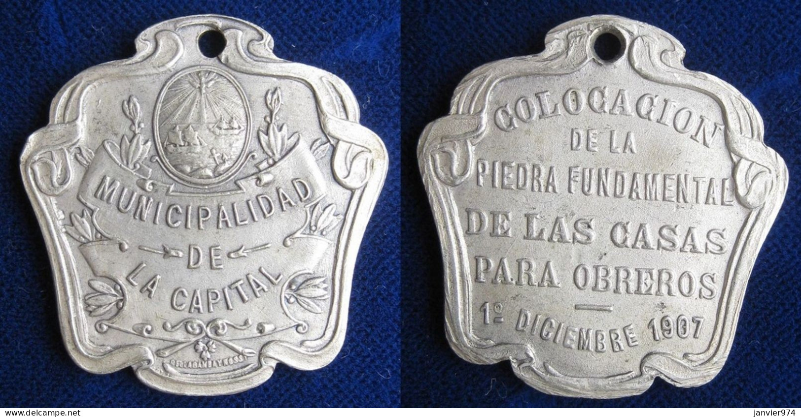 Argentine Médaille Pose De La Première Pierre Des Maisons Ouvrières 1907 - Other & Unclassified