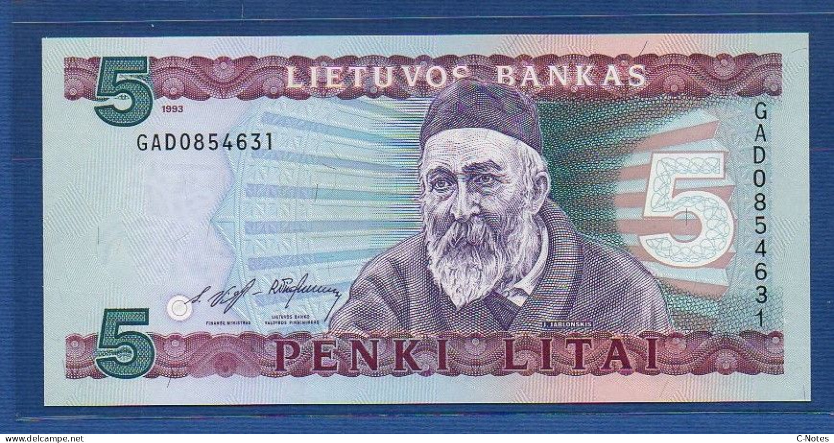 LITHUANIA - P.55 –  5 Litai 1993 UNC, S/n GAD0854631 - Litouwen