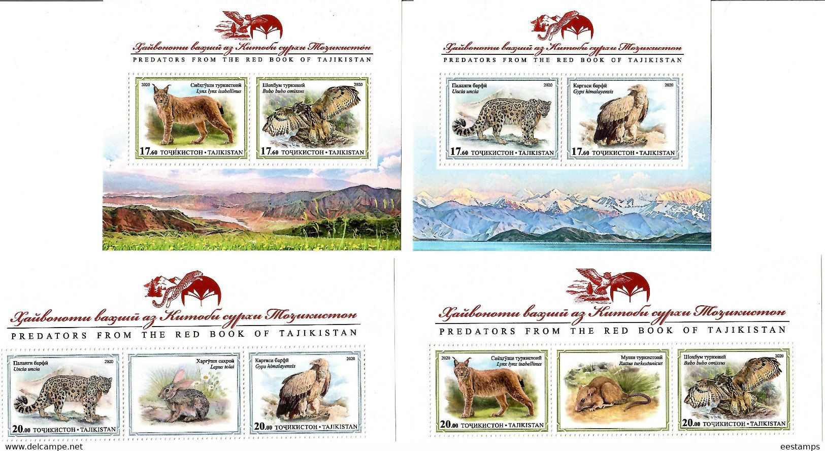 Tajikistan 2020. Red Book. Birds Of Prey & Wild Cats. 4  S/S - Tayikistán